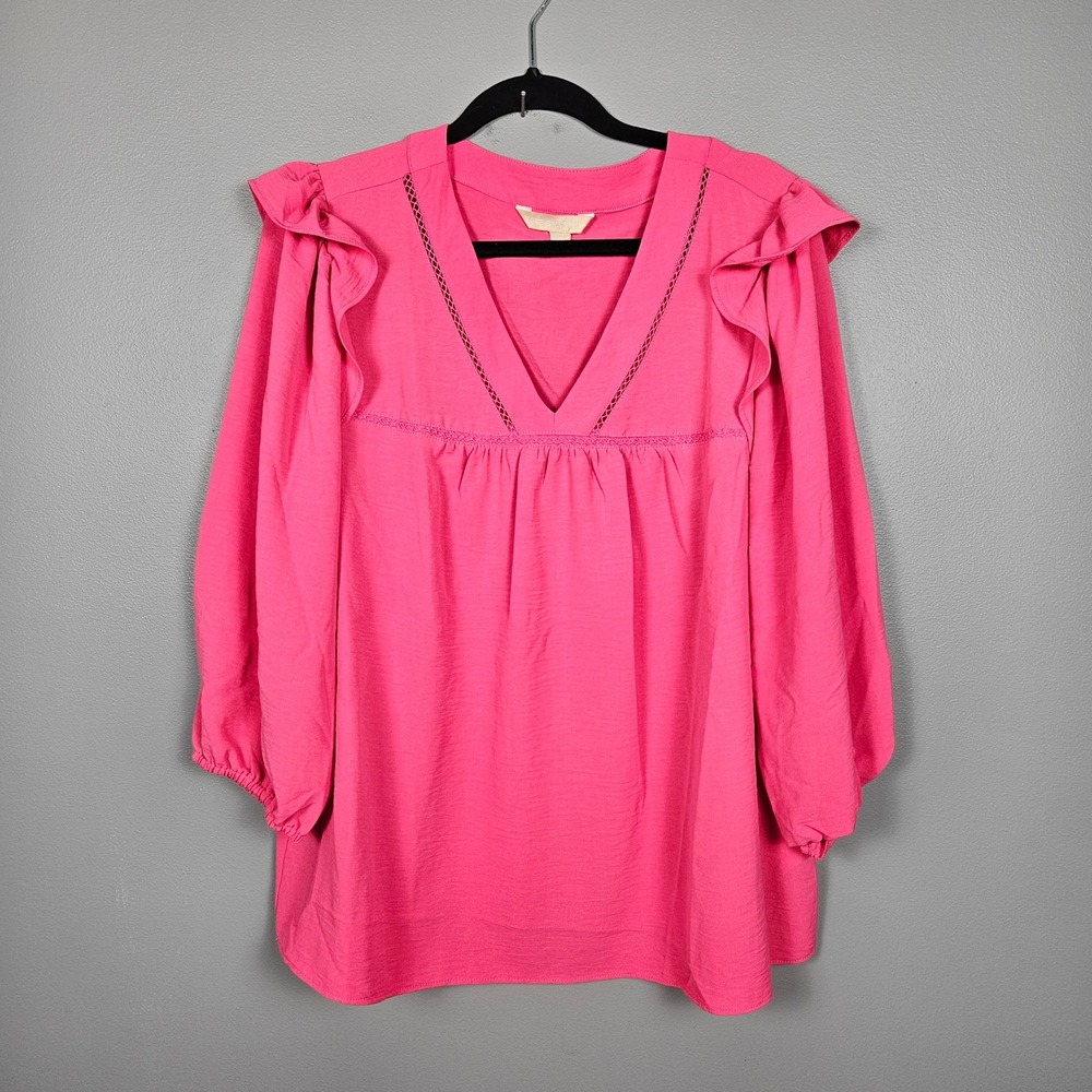Hope & Harlow Womens XL Blouse V Neck Ruffle Balloon Sleeve Boho Pink Fuchsia